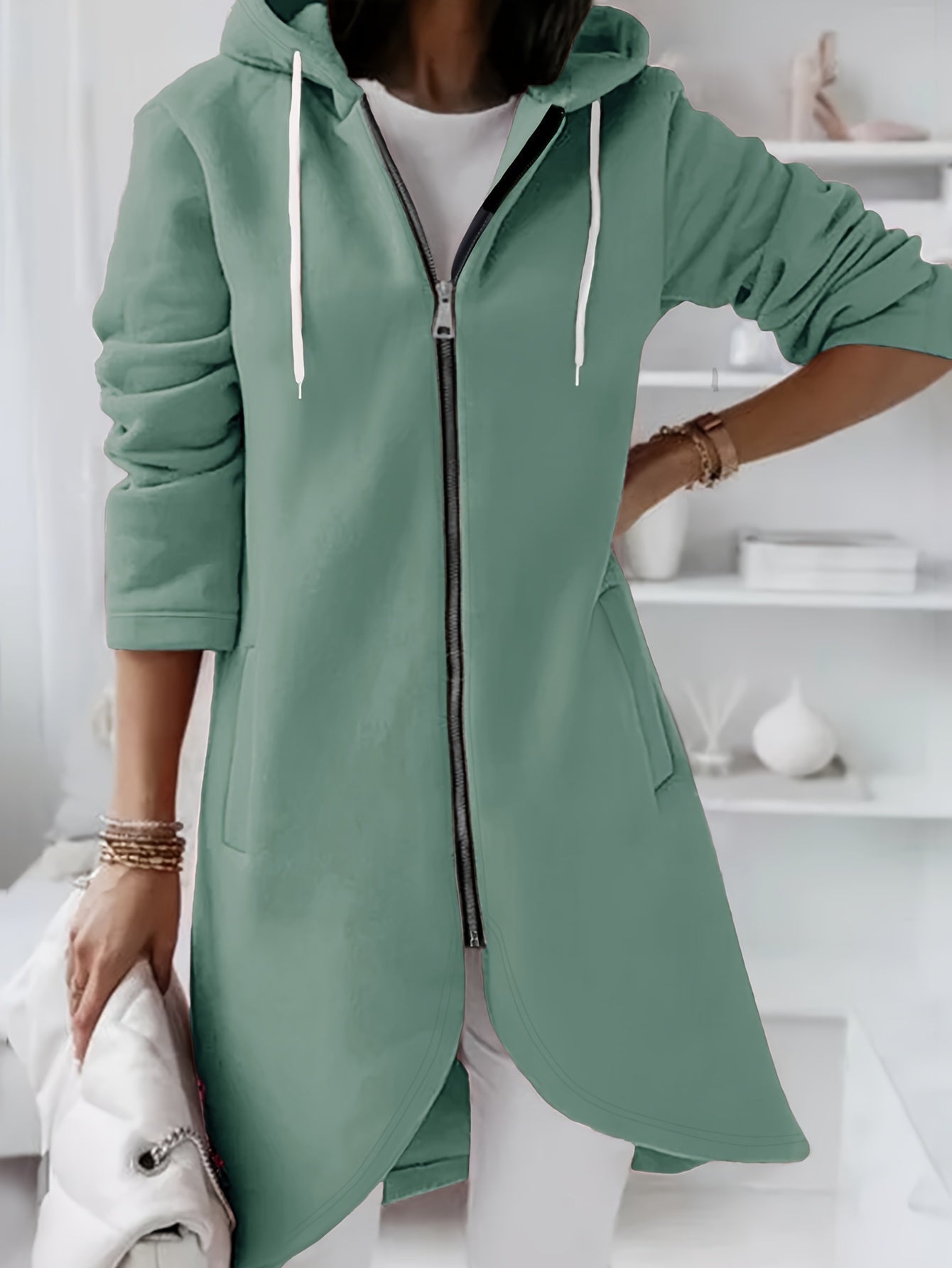 Street-wave Midi Hoodie Jacket With Zipper And Drawstring Breathable Everyday Outerwear For Women