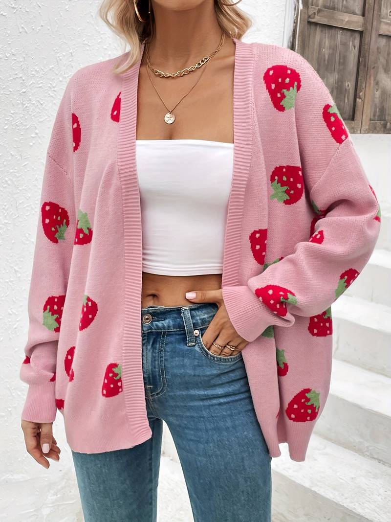 Street Wave Women's Winter Cardigan With Strawberry Print Cozy Knit Effortless Style For Modern Fashion Lovers