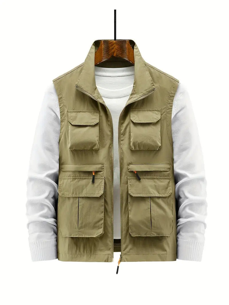 Street-Wave Mens Utility Vest With Multiple Pockets And Zipper For Urban Everyday