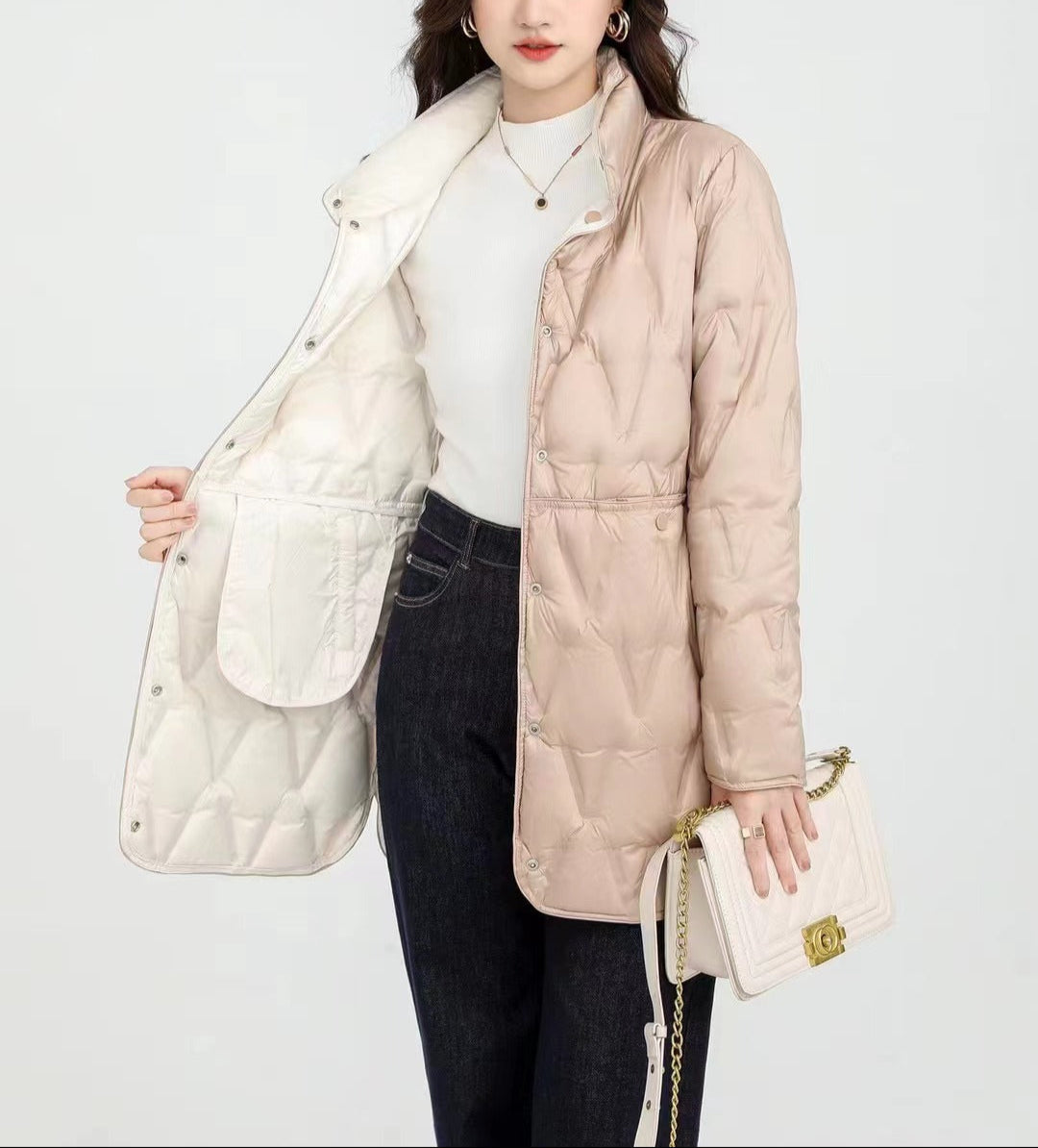 Street-Wave Mock Snap Button Quilted Puffer Jacket For Women Warm Cozy Everyday Outerwear