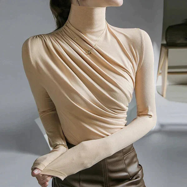 Street Wave Pleated Turtleneck Sweater For Women Soft Knit Warm Delicate Draped Folds Figure Flattering Fit