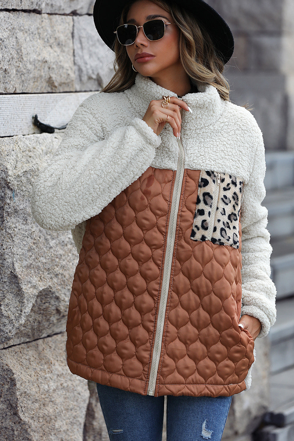 Streetwave Quilted Sherpa Zip Jacket For Women With Leopard Patch Pocket And Stand Collar For Cozy Warmth