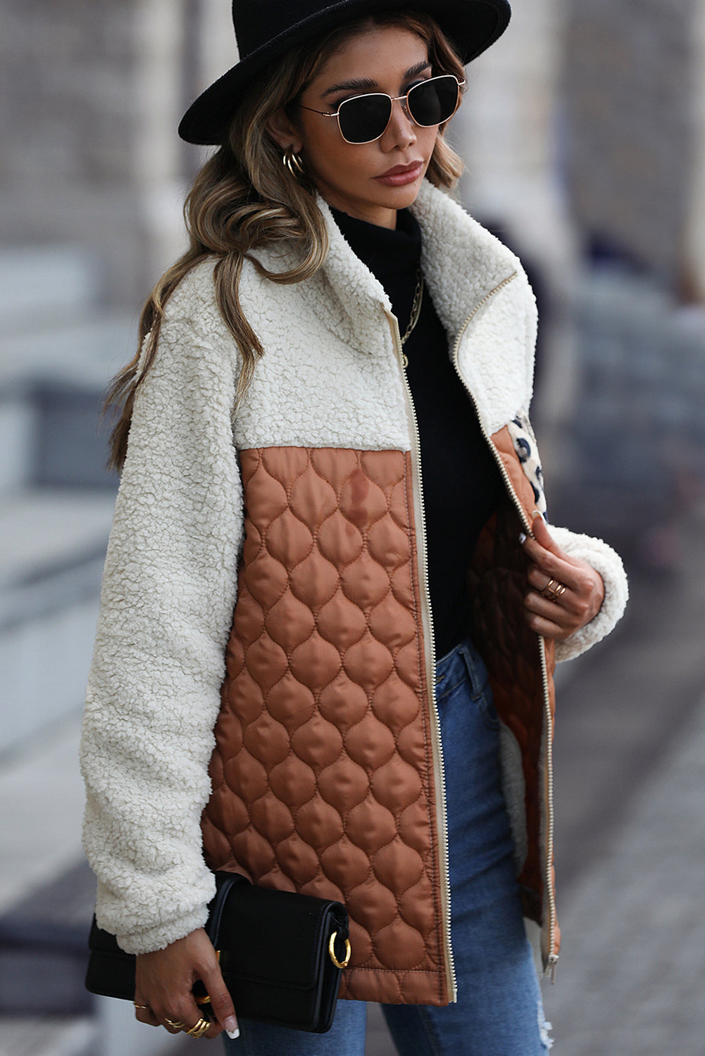 Streetwave Quilted Sherpa Zip Jacket For Women With Leopard Patch Pocket And Stand Collar For Cozy Warmth