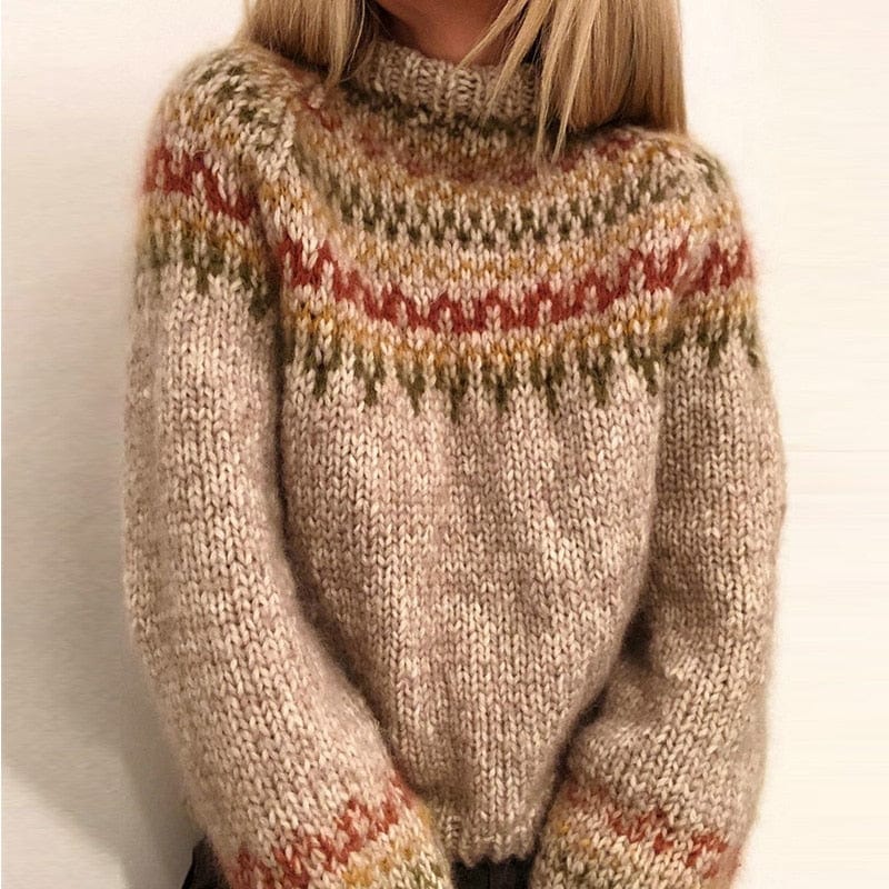 Street-wave Chunky Fair Isle Knit Sweater for Women, Cozy Warmth, Rustic Winter Charm