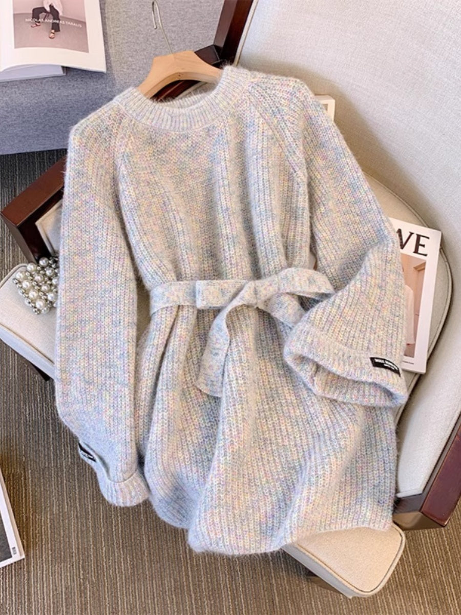 Ademaer Elegant Knit Dress With Tie Waist For Women Cozy Autumn Winter Sweater Dress
