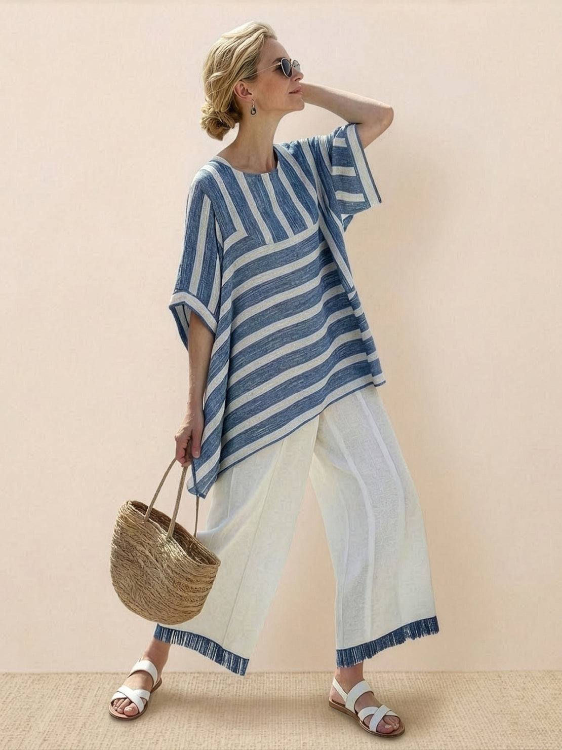 Women's Striped Two-Piece Set with Wide-Leg Trousers and Tee