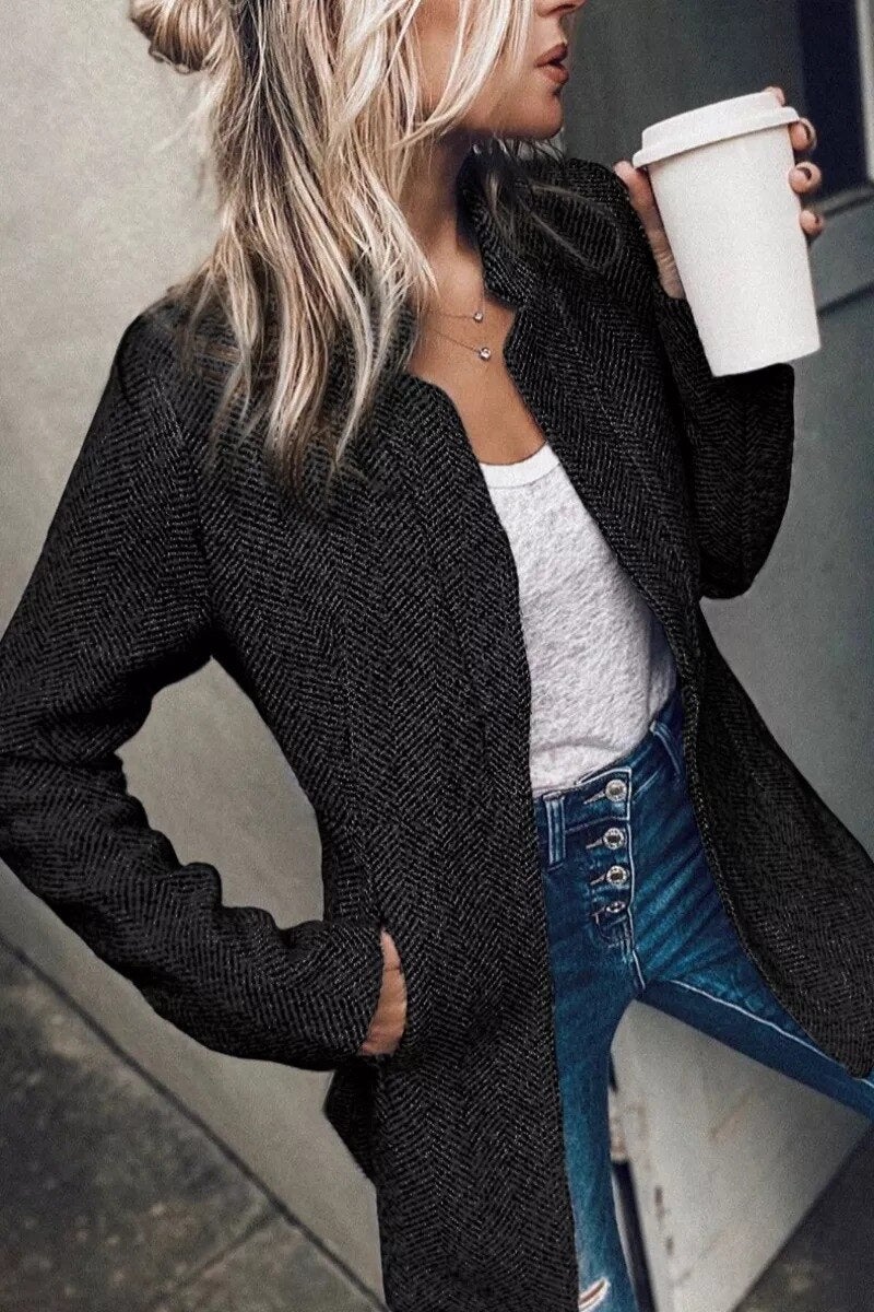 Street-wave Effortless Winter Knit Cardigan For Women Premium Herringbone Wool Blend Cozy Chic