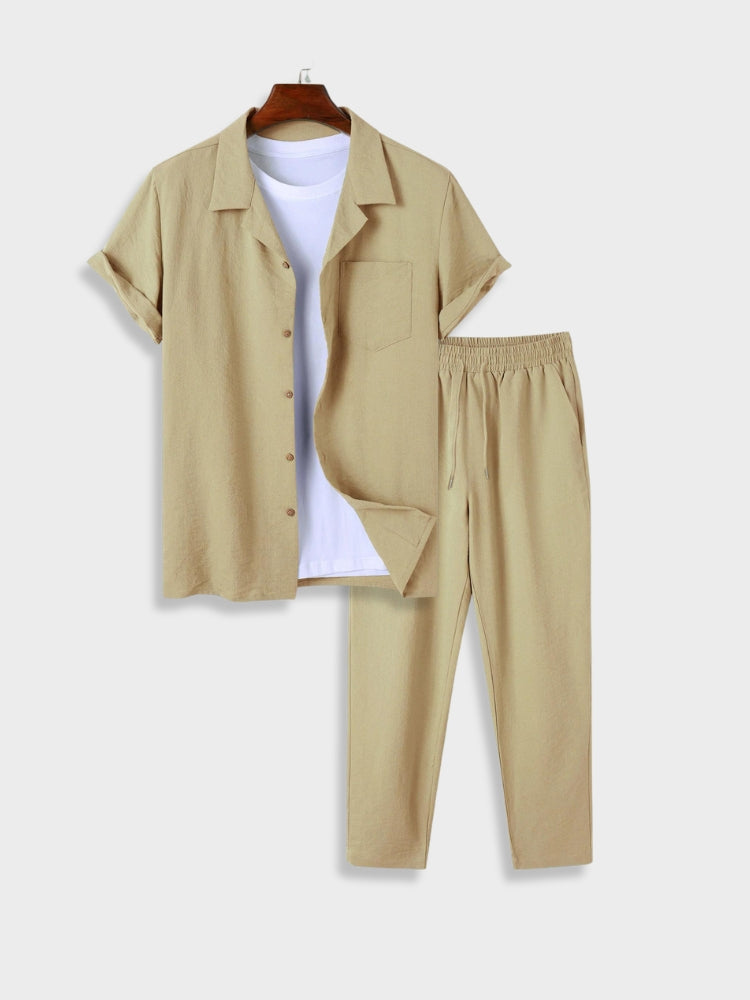 Streetwave Mens Linen Shirt And Elastic Waist Pants Set For Office And Travel Comfort
