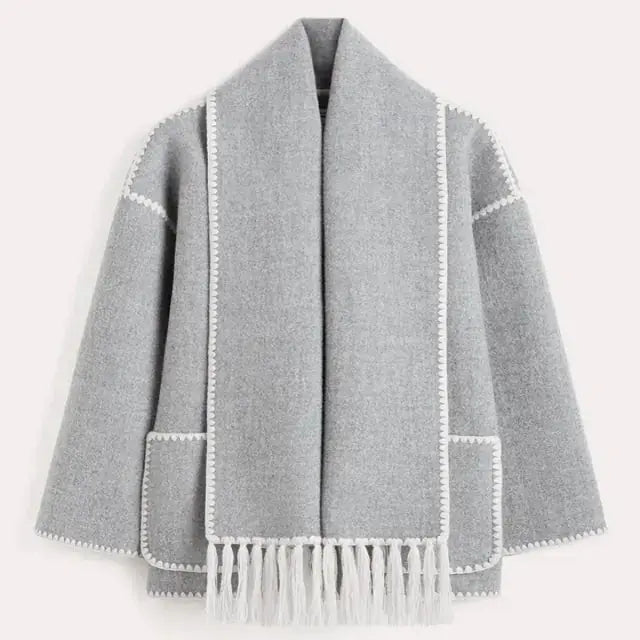 Street-wave Black Coat With Contrast Stitching Fringe And Relaxed Fit For Trendsetting Women