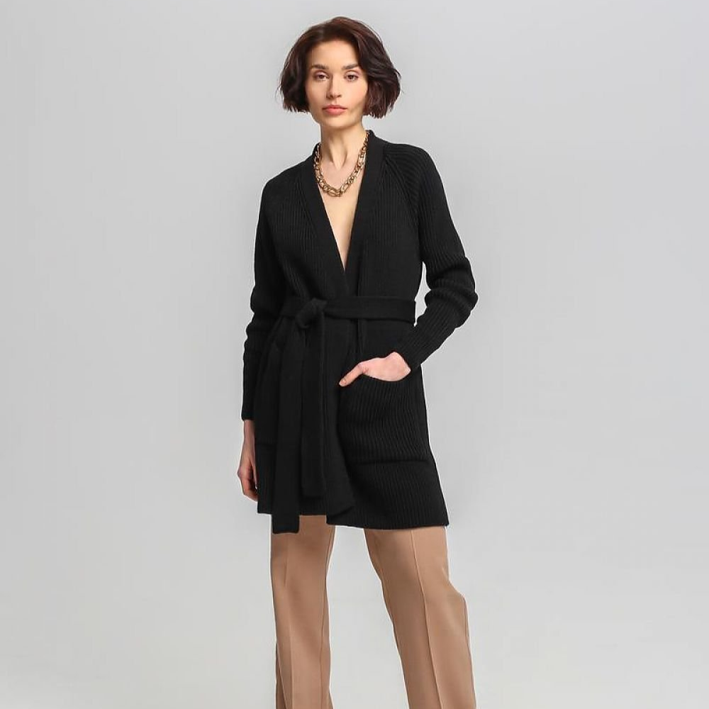 Streetwave Long Rib Knit Cardigan Belted At Waist For Elegant Warmth Women Versatile Everyday Wear
