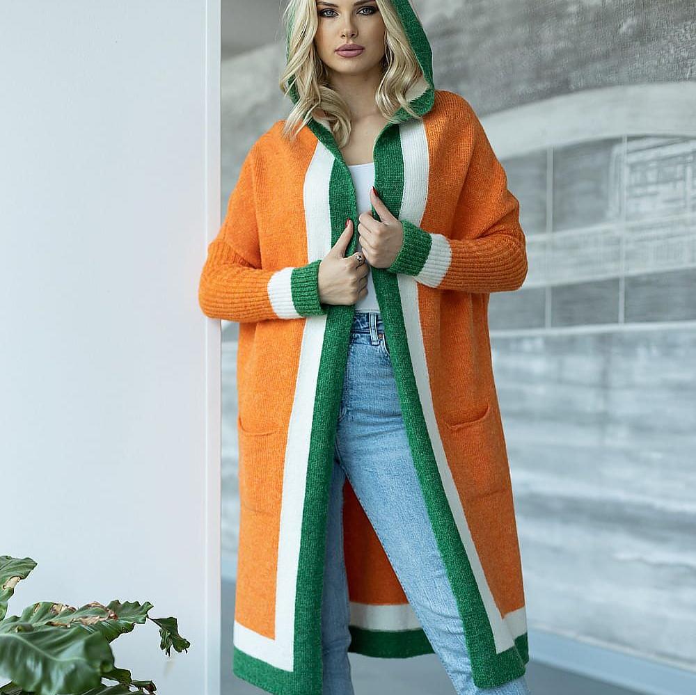 Street-wave Hooded Knit Cardigan For Women, Soft Cozy Fit With Bold Color Block Details