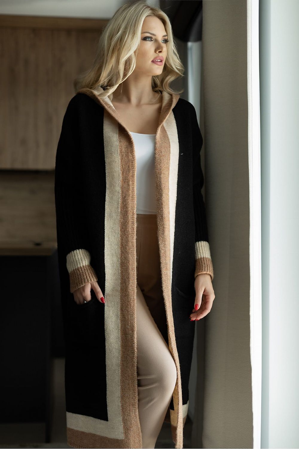 Street-wave Hooded Knit Cardigan For Women, Soft Cozy Fit With Bold Color Block Details