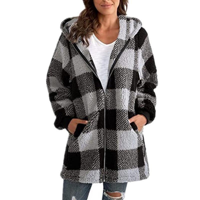 Street-wave Hooded Plaid Coat For Women With Zipper Pockets Warm Cozy Everyday Style