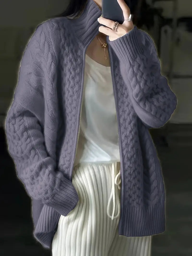 Street-Wave Cable Knit Zip Cardigan With High Collar For Women, Cozy Loose Fit Everyday