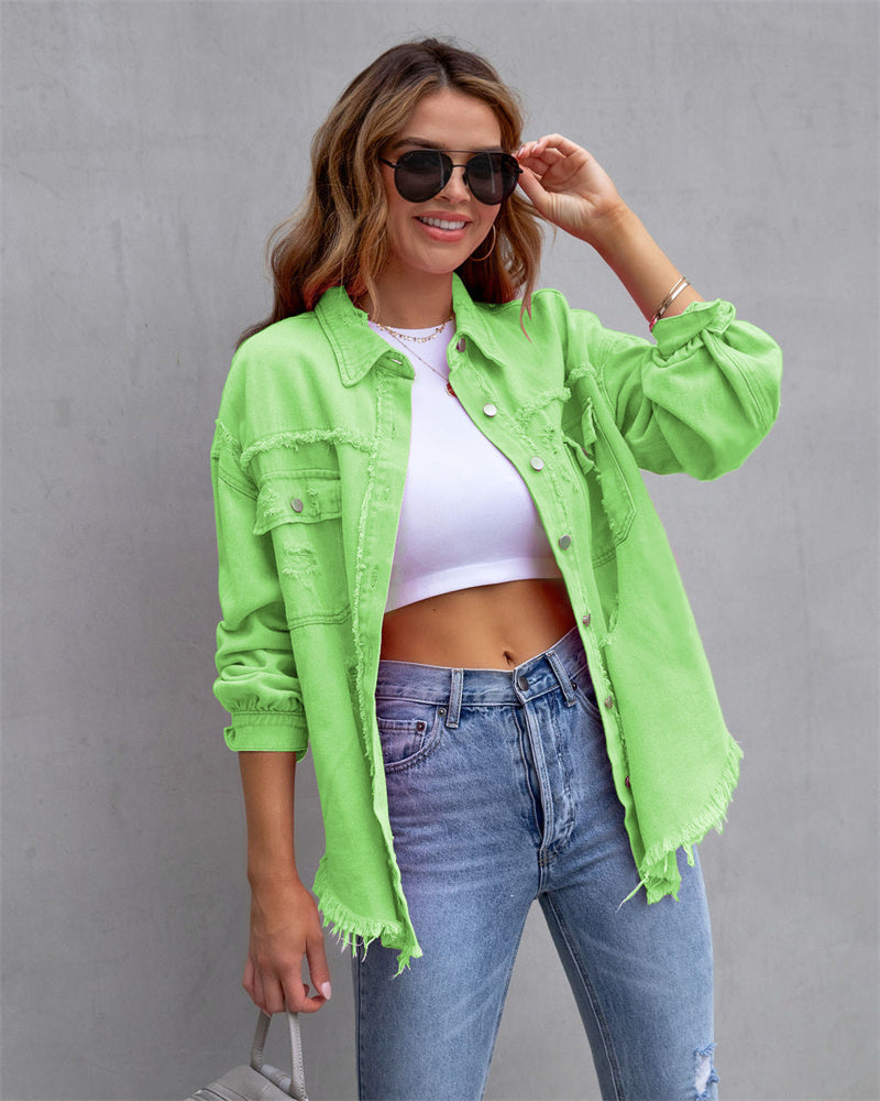 Street-Wave Pink Distressed Denim Jacket For Women Chic Versatile Streetwear Essential