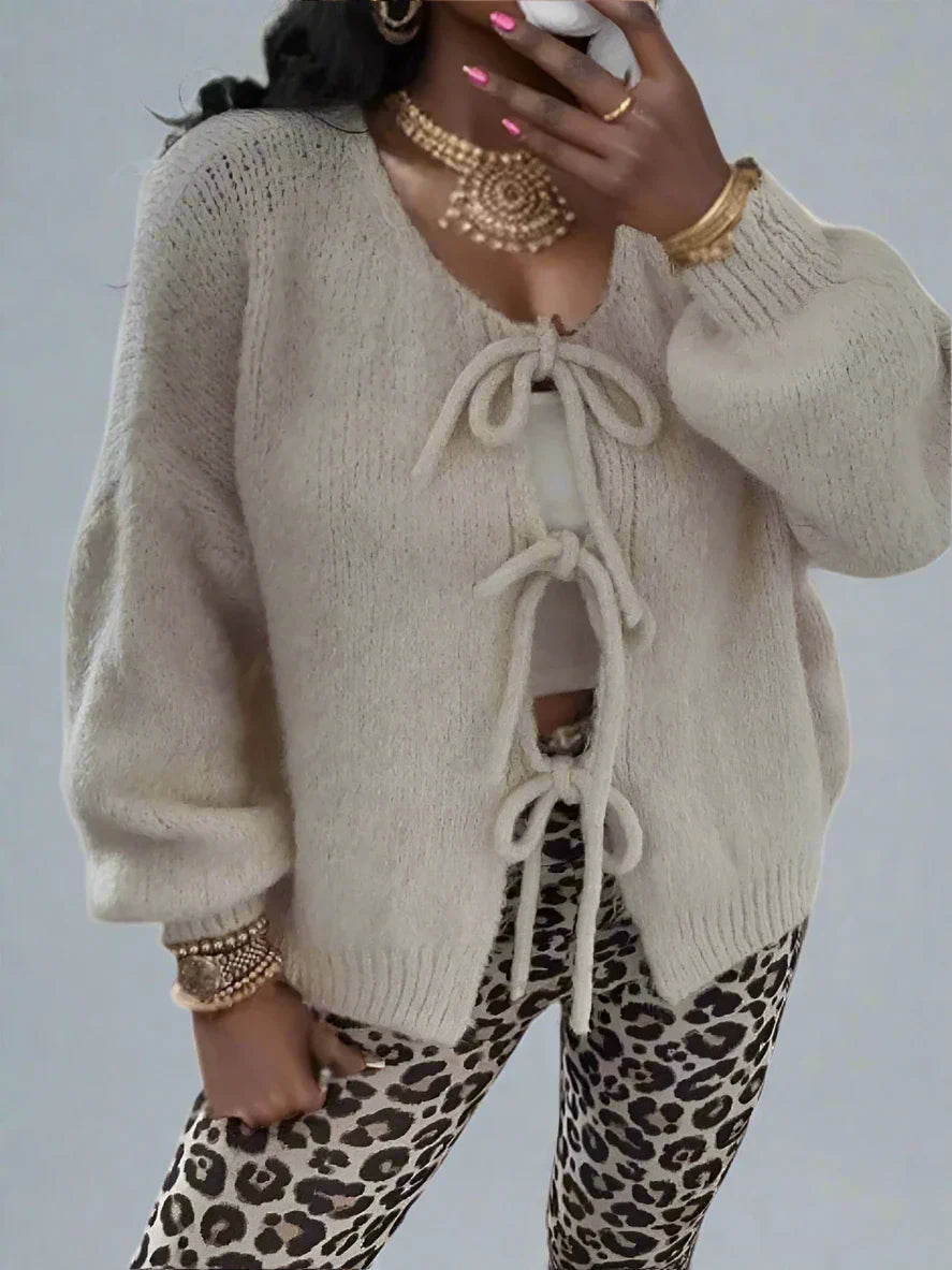 Street-Wave Cozy Knit Cardigan With Tie Front Bow Details For Women Everyday Comfort And Soft Pastel Warmth