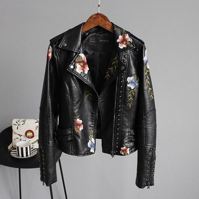 Street-Wave Floral Embroidered Leather Jacket For Women With Studded Detailing Edgy Yet Elegant