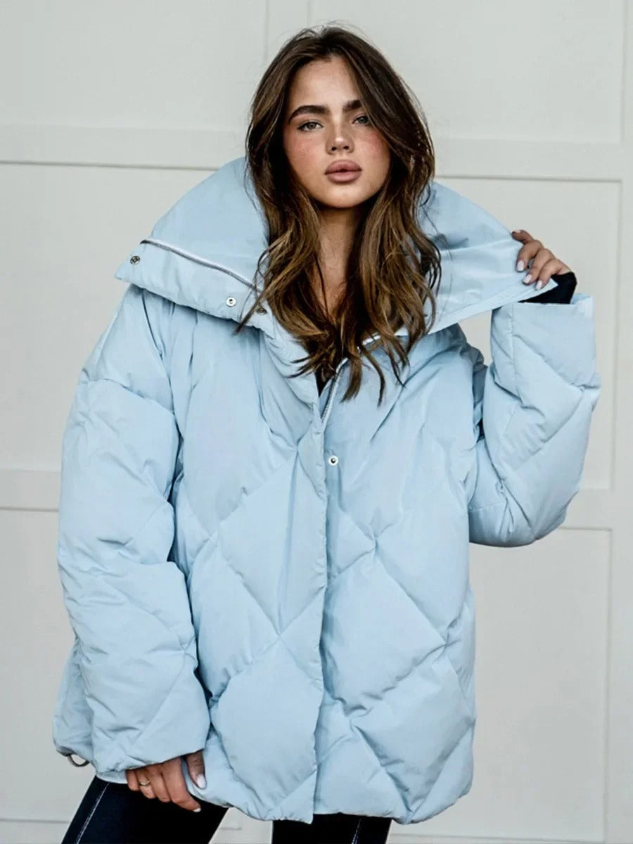 Street-wave Oversized Puffer Jacket With Zipper For Women Warm High Collar Winter Coat