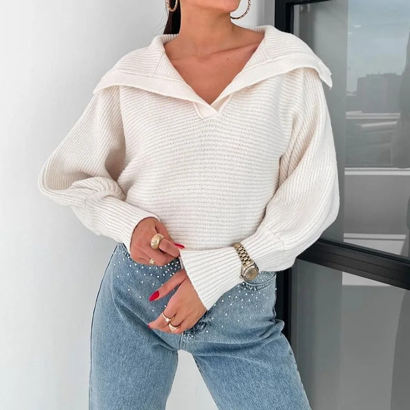 Street Wave Lantern Sleeve Knit Pullover With Open Collar For Women Casual Chic Everyday Wear