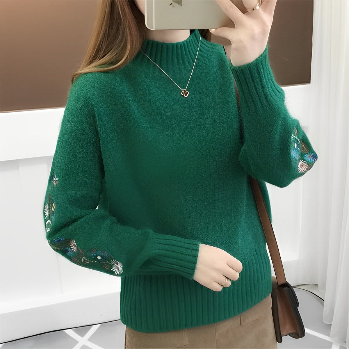 Maureen Knit Pullover With Embroidered Sleeves For Women Oversized Rollneck Warm Soft Knit Streetwave