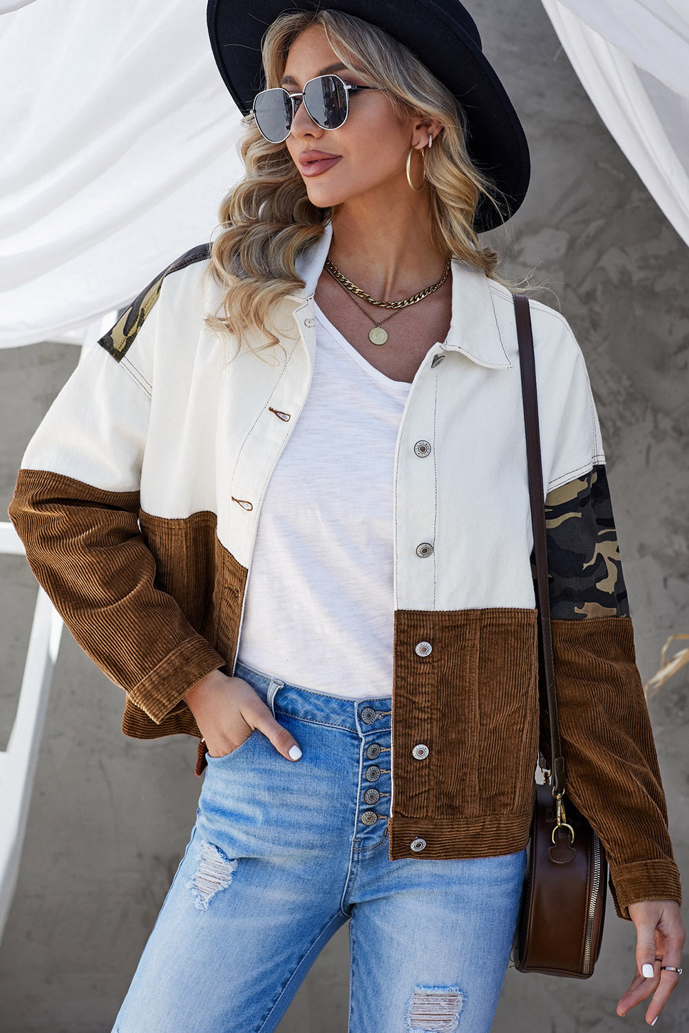 Street-Wave Leopard Colorblock Corduroy Cotton Jacket For Women Button Closure Casual Streetwear