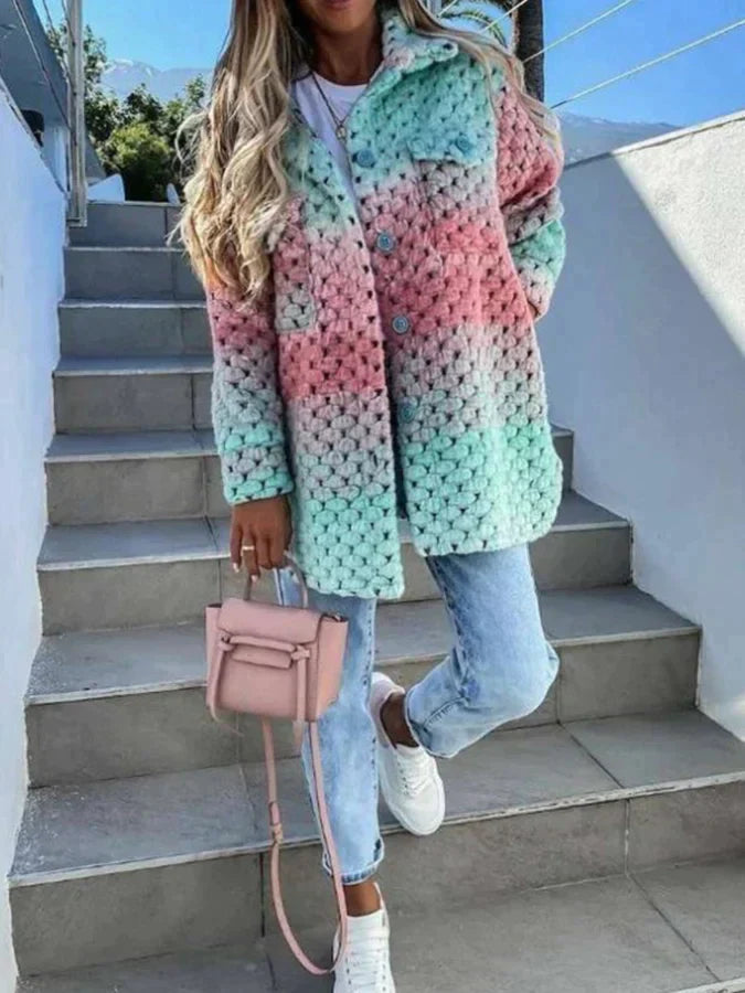 Streetwave Colorful Wool Coat For Women Vibrant Warmth Versatile Chic Chunky Knit