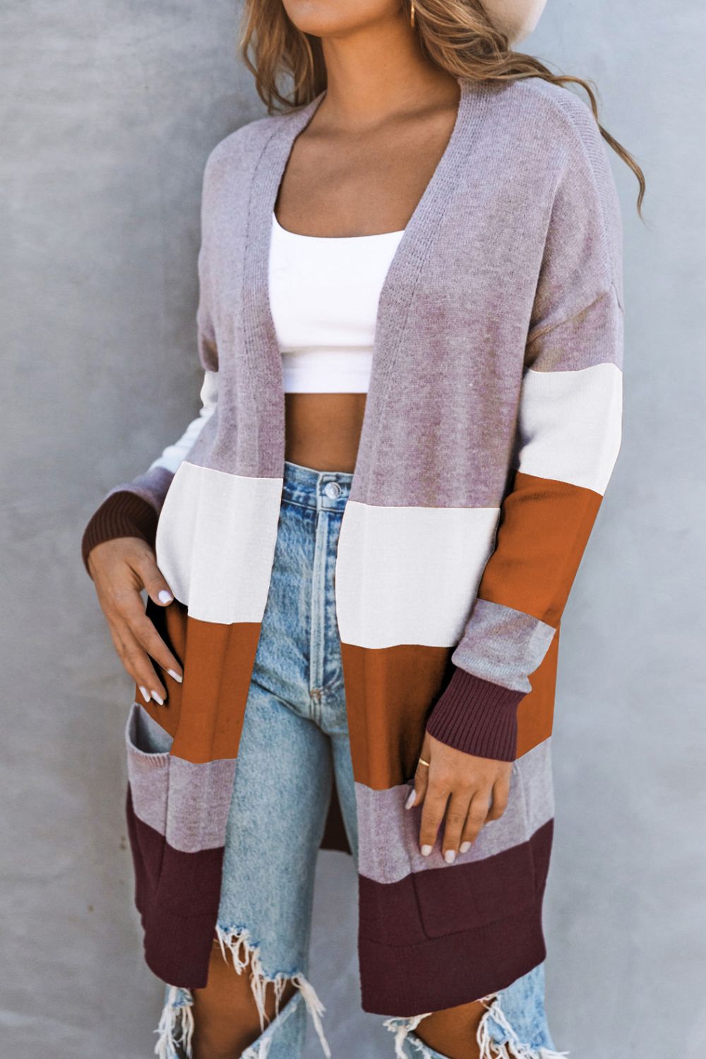 Streetwave Color Block Open Front Cardigan With Pockets For Women Cozy Chic Everyday Wear