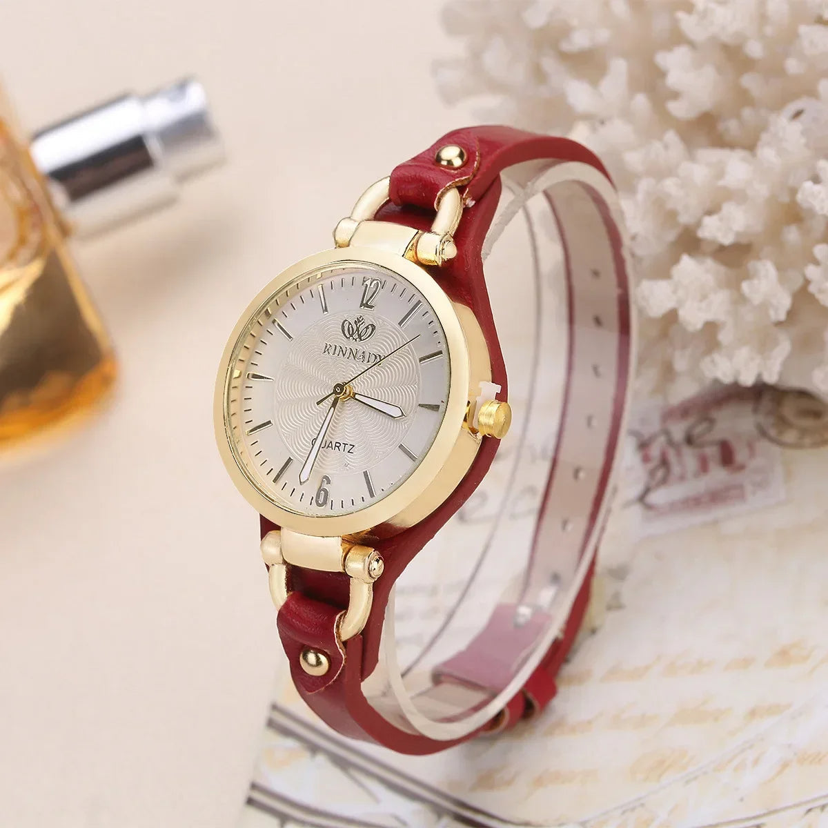 Street Wave Sophie Elegant Vegan Leather Watch For Her With Gold Steel Case