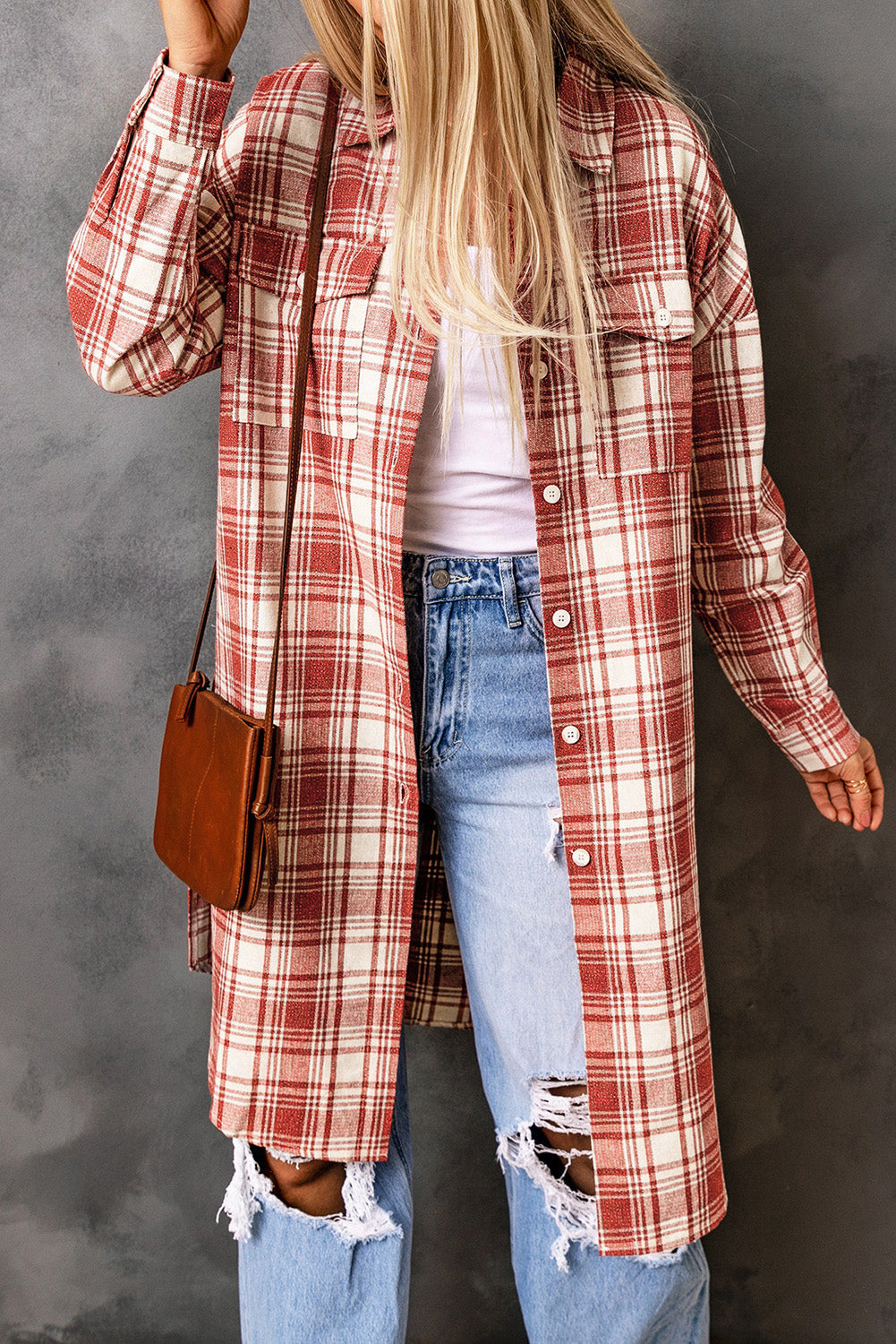 Street-wave Plaid Shacket Longline Button Up With Chest Pockets For Women Everyday Versatile Chic Outerwear