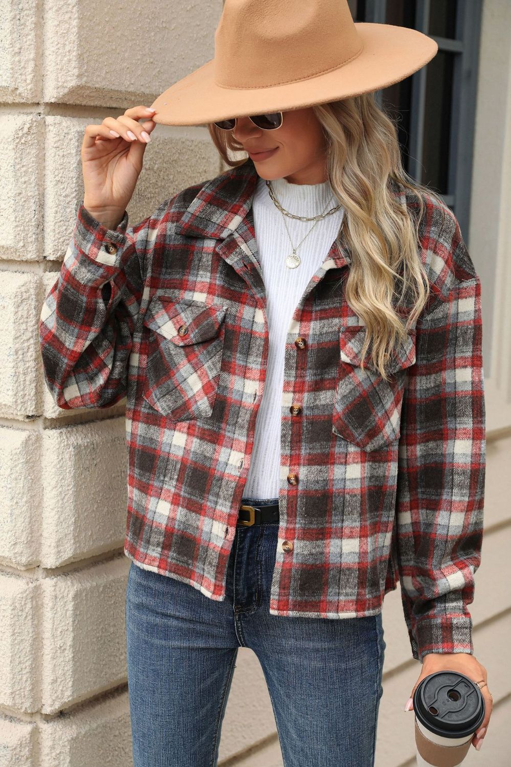 Street-Wave Plaid Button Jacket With Dropped Shoulder Design For Women Chic Everyday Wear