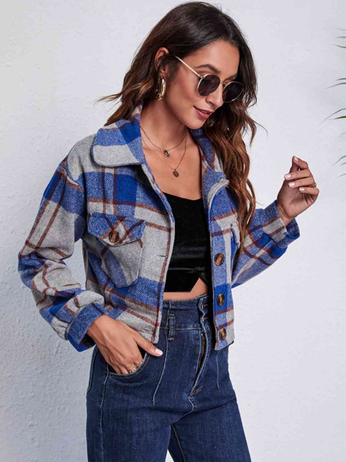 Street-Wave Plaid Button-Front Jacket For Women With Pockets Cozy Everyday Outerwear