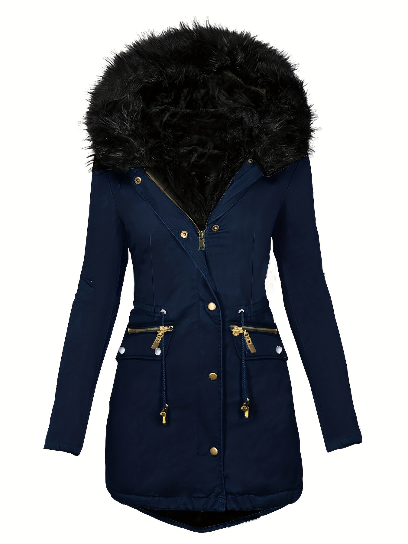 Street Wave Women Black Wool Coat With Faux Fur Hood Timeless Elegant Outerwear Cozy