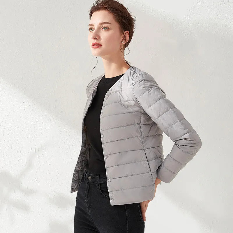 Street-wave Lightweight Collarless Jacket For Women With FigureFlattering Fit Daily Wear Essential