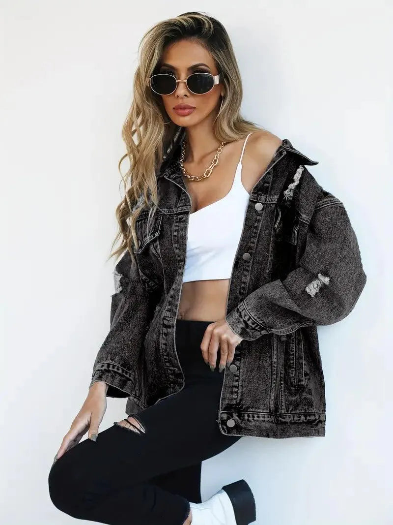 Street-wave Oversized Denim Jacket For Women Warm Cozy Fit Distressed Details Vintage Look