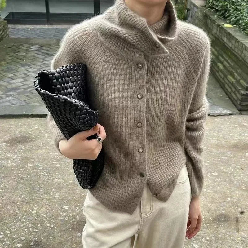 Street-wave Rollneck Knit Cardigan With Button Details For Women Cozy Breathable Warmth