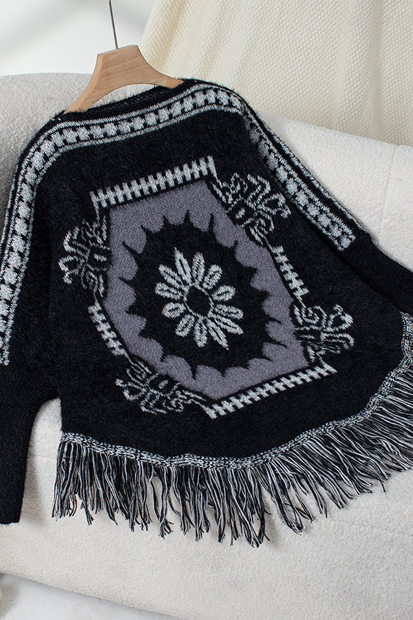 Street Wave Knitted Pullover With Tassel Hem Soft Polyester Cozy Womens Sweater For Everyday Wear