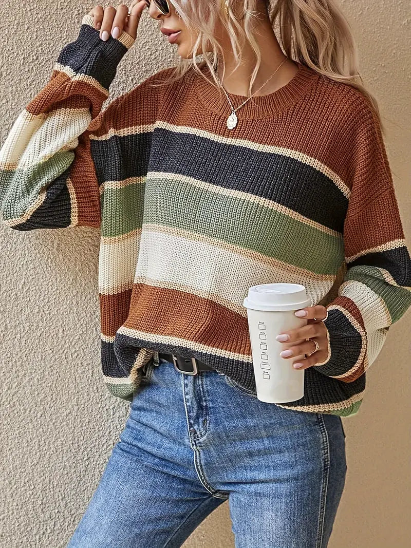 Street-wave Colorblock Crewneck Sweater for Women Cozy Bold Knitwear for Everyday Style