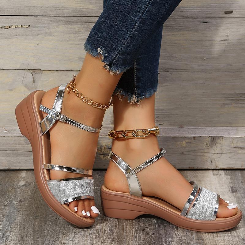 Street-Wave Orthopedic Wedge Sandals For Women With Supportive Healthy Gait And Fashionable Metallic Straps