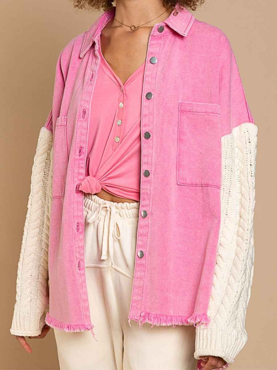 Street-Wave Cable Knit Sleeve Denim Jacket With Raw Hem For Women Trendy Casual Outerwear
