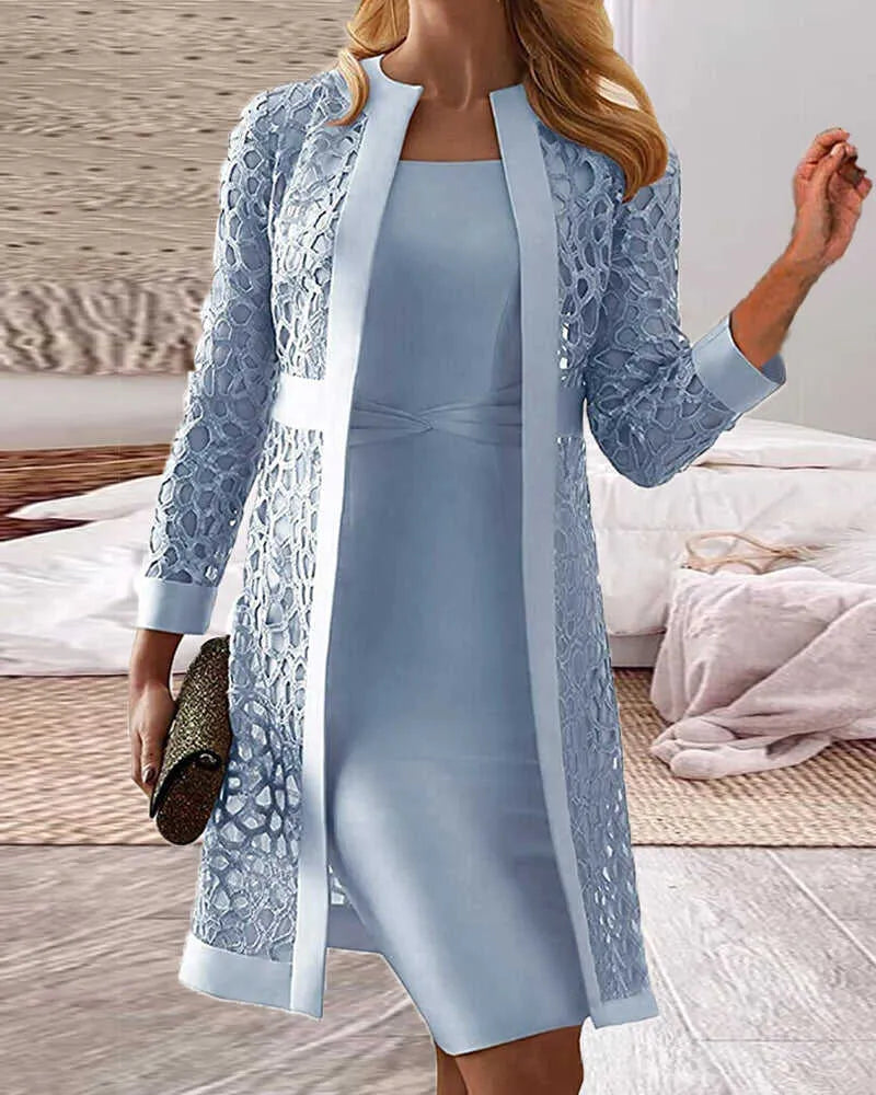 Street-Wave Two Piece Lace Dress Set For Women Elegant Knee Length Dress With Lace Overlay