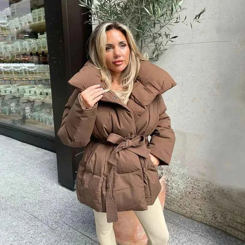 Streetwave Belted Puffer Coat With Wide Collar For Women Cozy Warmth And Effortless Style