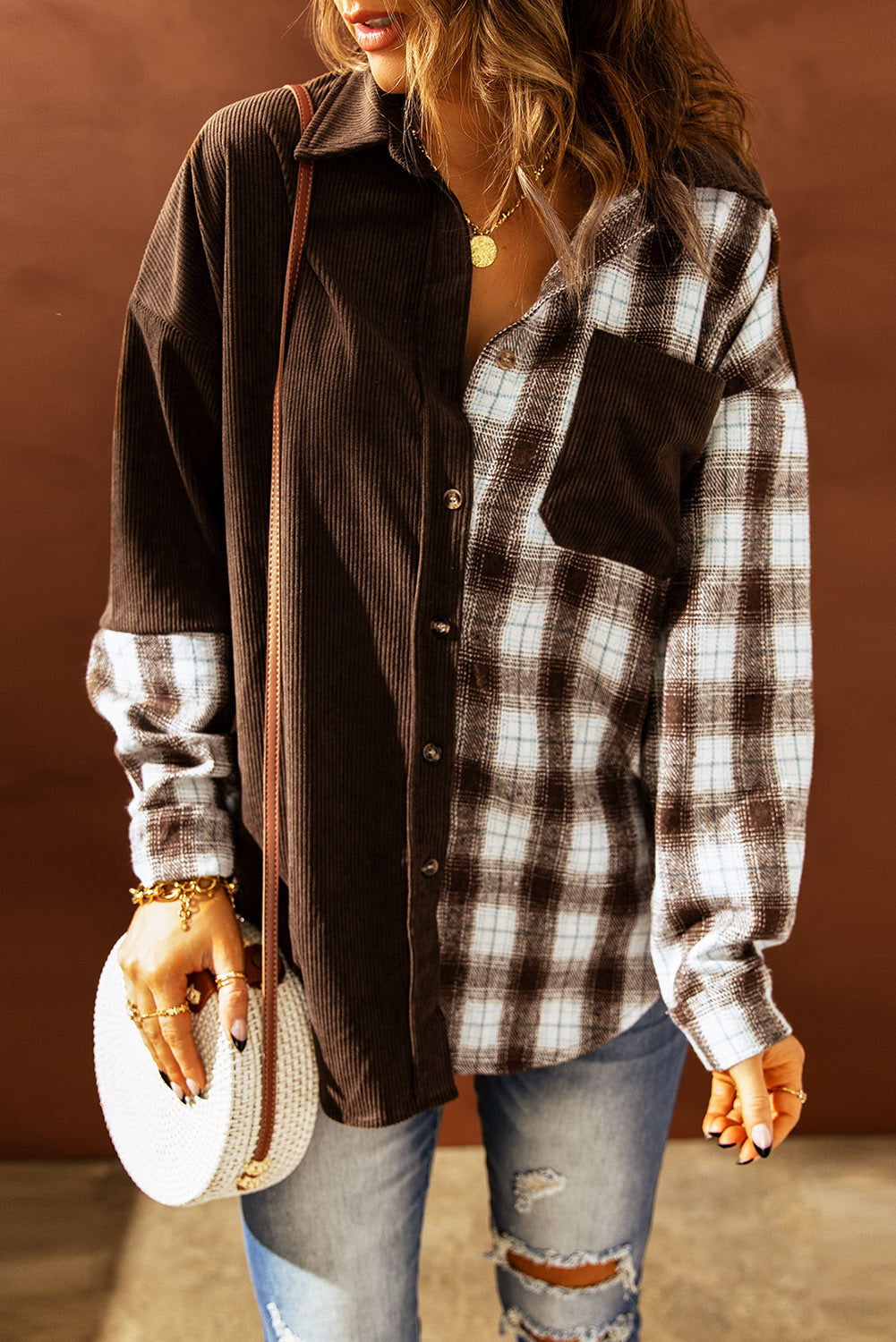 Street Wave Corduroy Shacket For Women Plaid Colorblock Button Front Cozy Casual