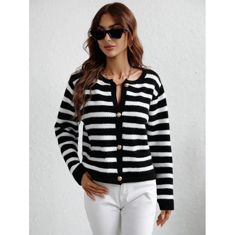 Street-wave Striped Knit Cardigan With Button Closure And Pockets For Women Cozy Warm Everyday