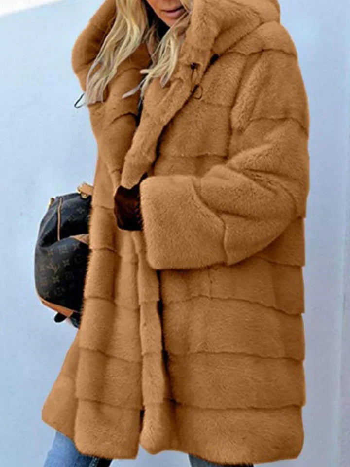 Street-Wave Faux Fur Hooded Pink Parka Coat For Women, Plush Warmth And Cozy Open Front Style