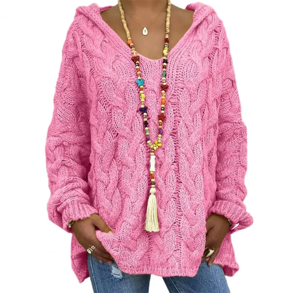 Street-Wave V-Neck Knit Hoodie Sweater For Women Warm Cozy Relaxed Fit With Twist Design