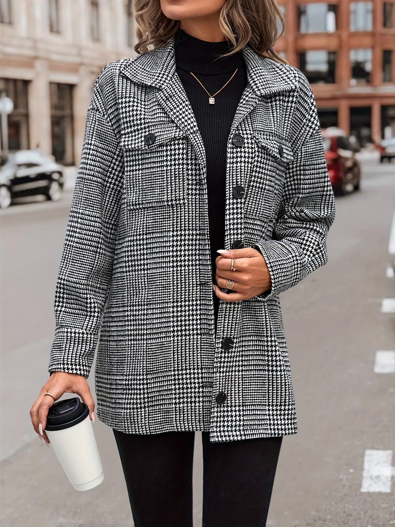 Street-wave Houndstooth Single-Breasted Coat With Flap Pockets For Women, Elegant Timeless Outerwear