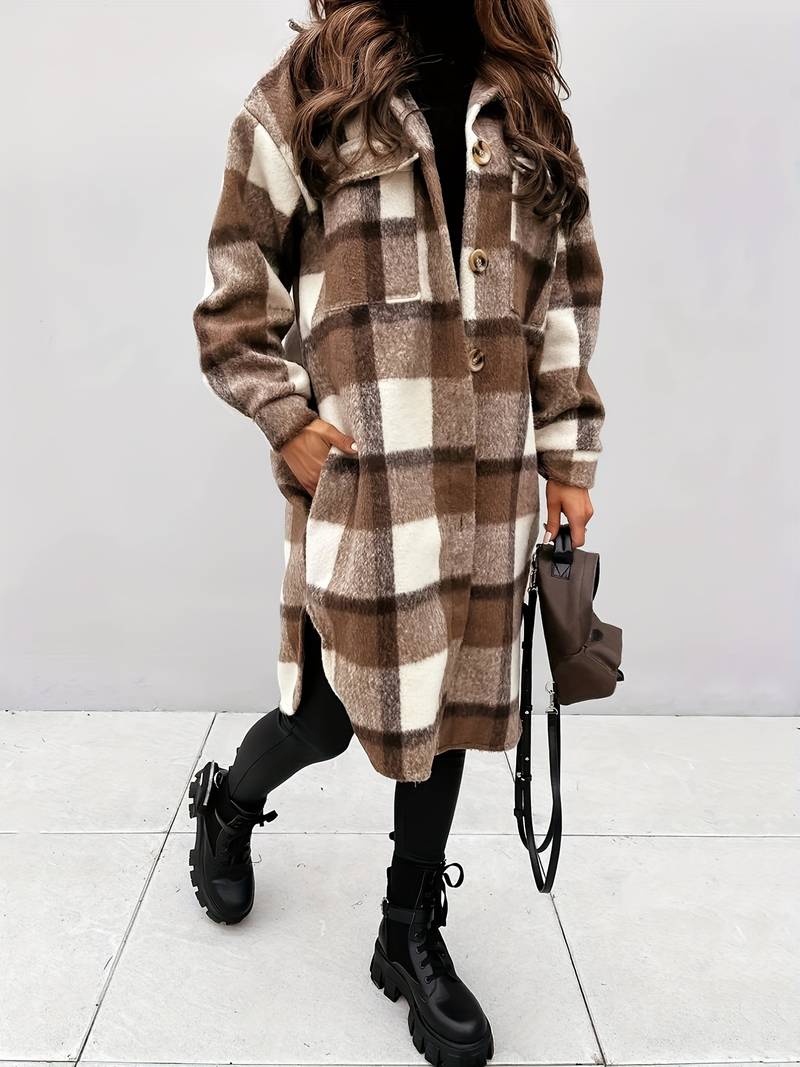 Street-Wave Plaid Wool Coat For Women Warm Longline Button Front Outerwear Chic Cozy