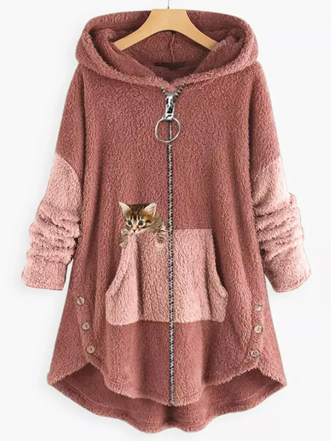 Streetwave Womens Sherpa Coat With Cat Patch Cozy Hooded Fleece Soft Plush Lined Loose Fit