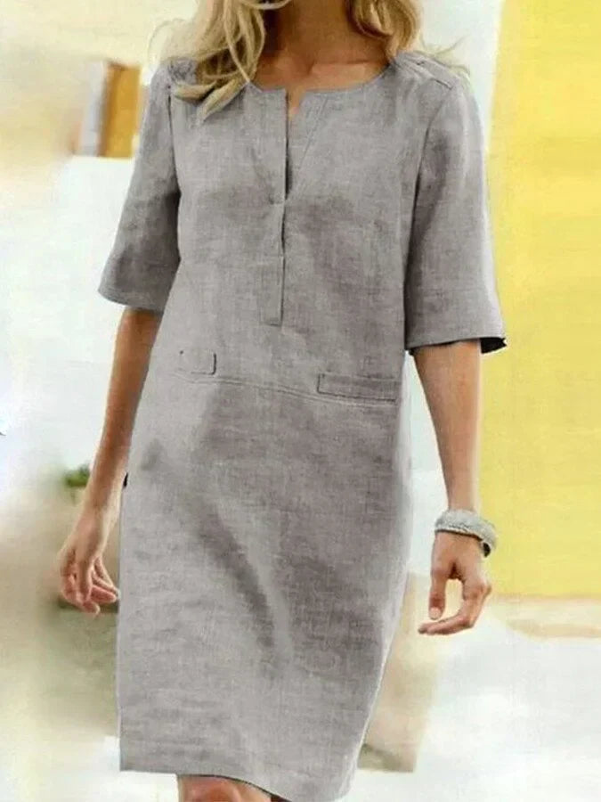 Street-wave Cotton Linen Dress for Women Breathable Short Sleeve Shift Effortless Everyday Chic