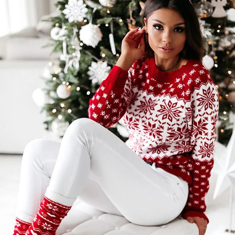 Street-Wave Christmas Knit Sweater With Snowflake Pattern Cozy Warmth For Women Festive
